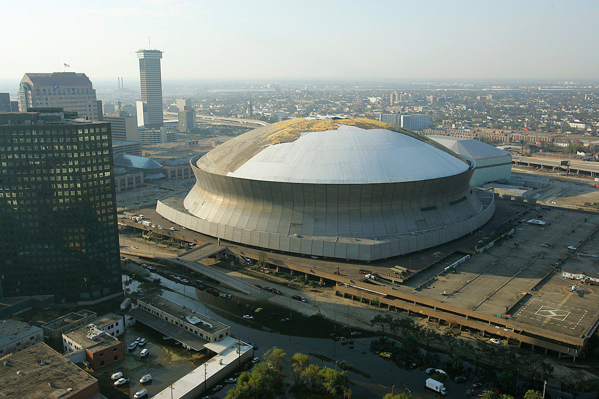 New Orleans Superdome with damage after Hurricane Katrina