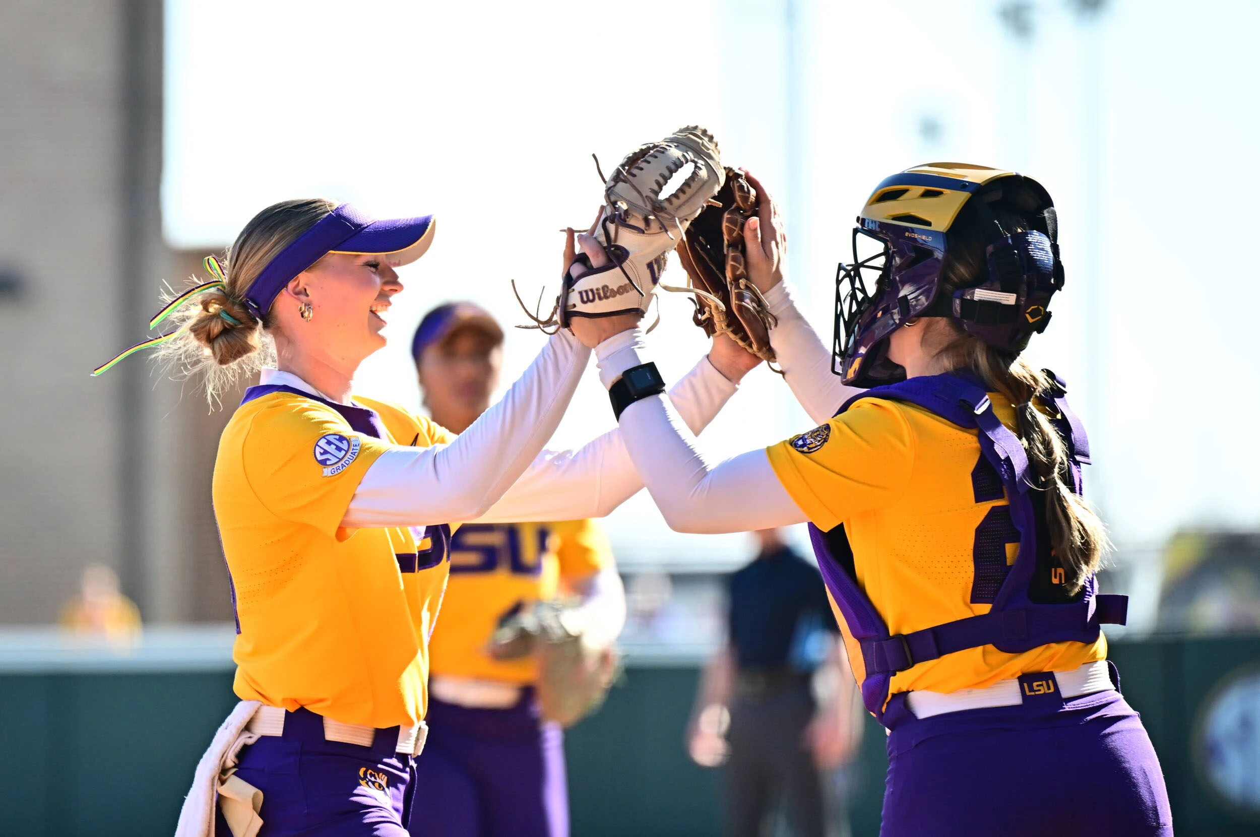 LSU softball pitcher Tatum Clopton celebrates with teammates