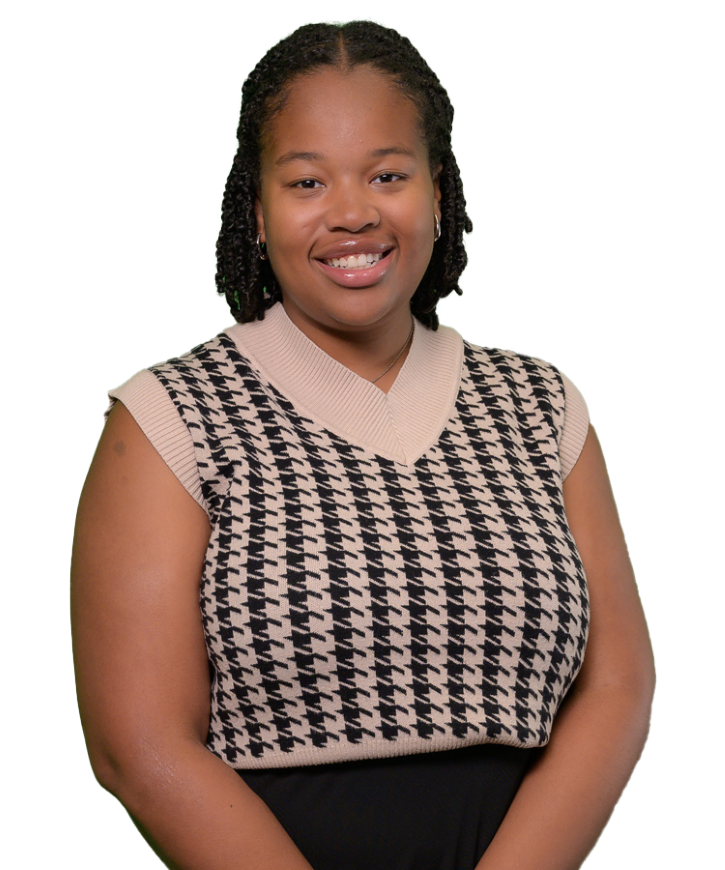 Emily Demps in black and white shirt on white background