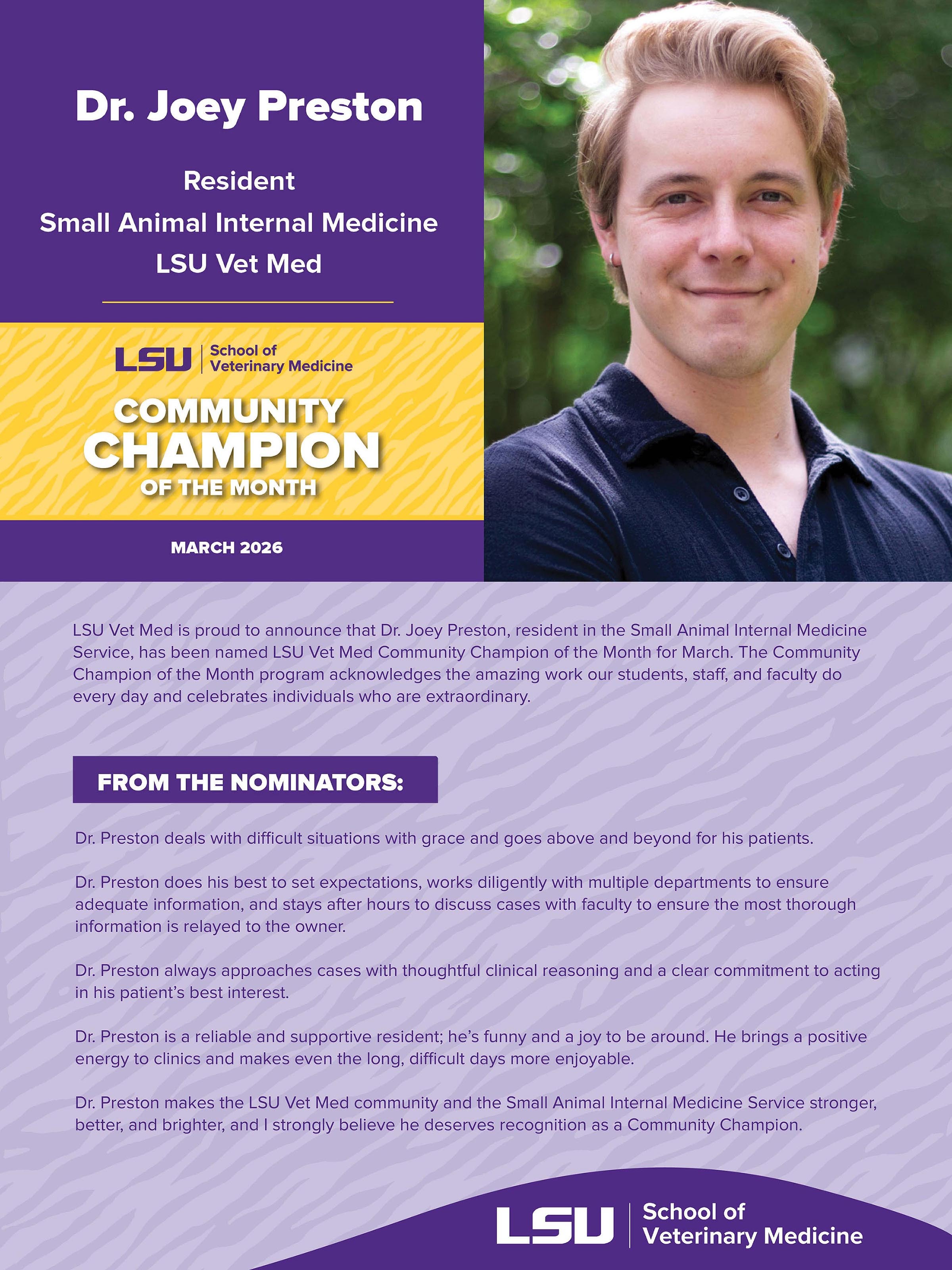 Flyer for Community Champion Dr. Joey Preston, small animal internal medicine resident